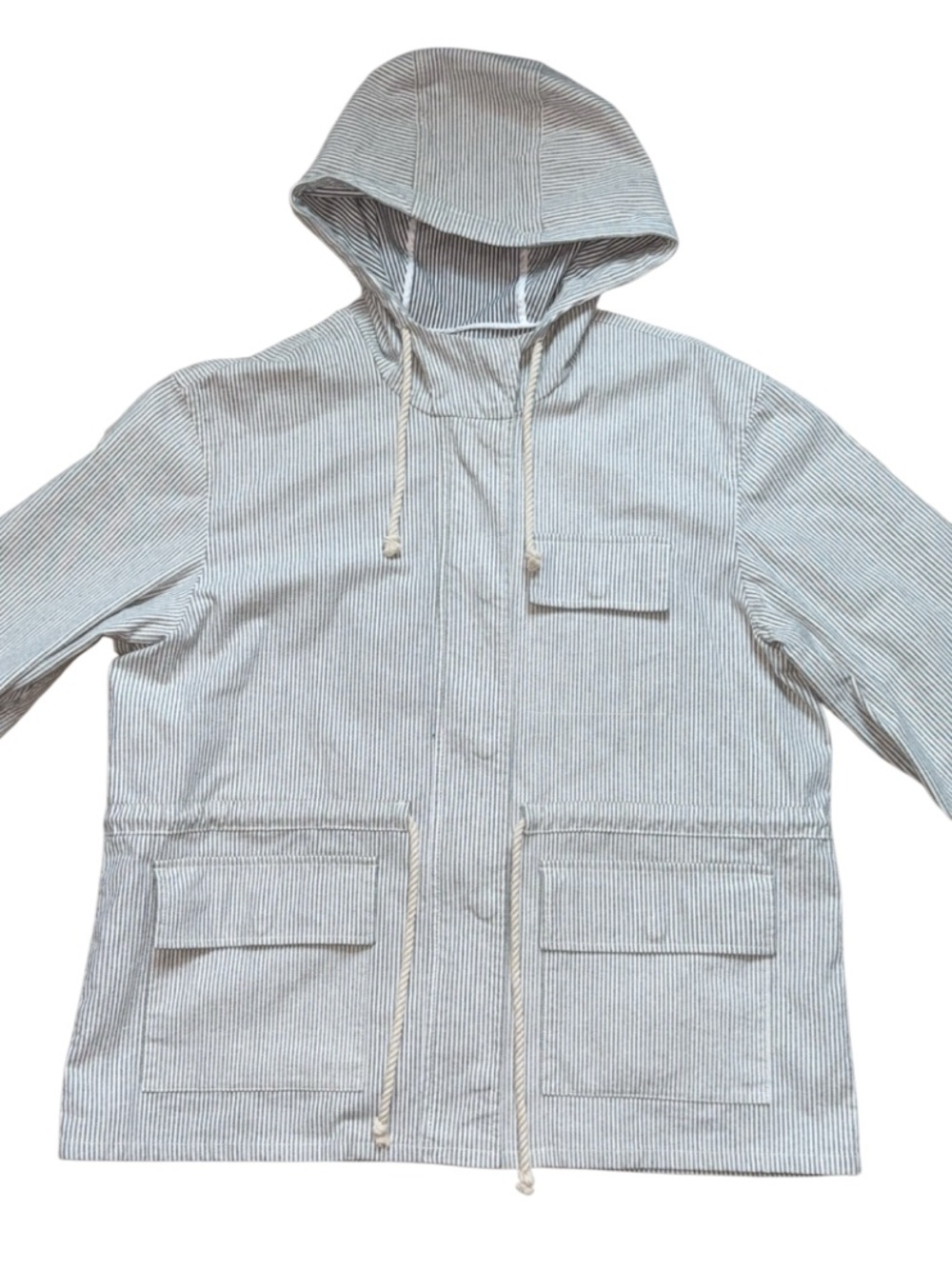 J. Crew Blue White Hickory Stripe Hooded Field Jacket-Coastal Preppy-Size L - Picture 9 of 12